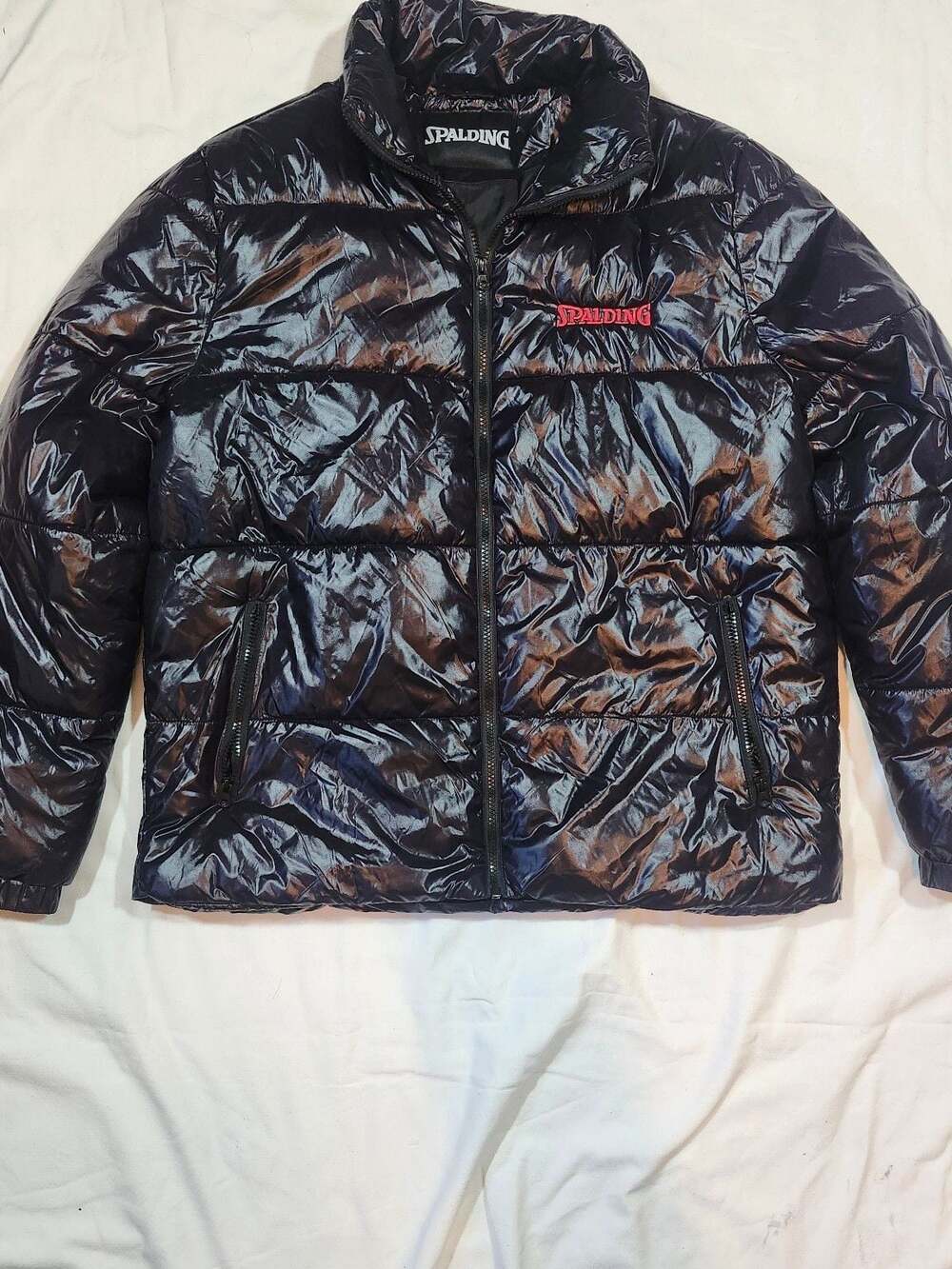 Spalding Black Shiny Quilted Puffer Jacket Full Zip Winter Coat